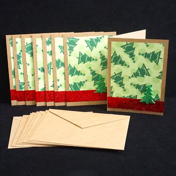 8 Kraft Handmade Green Tree & Red Glitter Ribbon Christmas Holiday Greeting Card - Picture 1 of 3